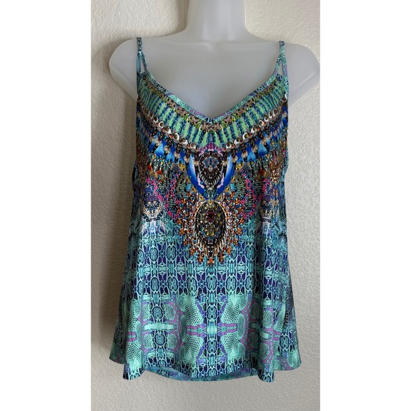 VENUS Tops - Venus XL Cami Top Blue Boho Embellished Beaded Strappy Back Medallion Print Art